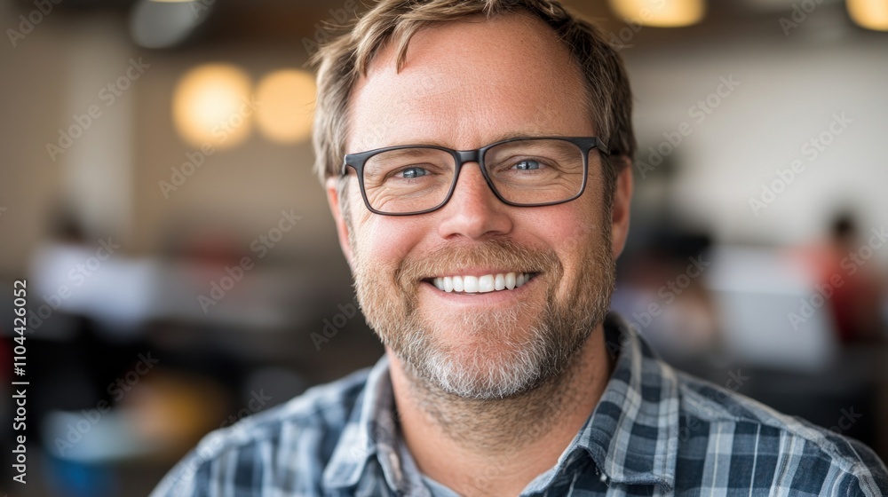 Man in casual attire shows a bright smile while enjoying time in a lively cafe filled with people Man in casual attire shows a bright smile while enjoying time in a lively cafe filled with people
