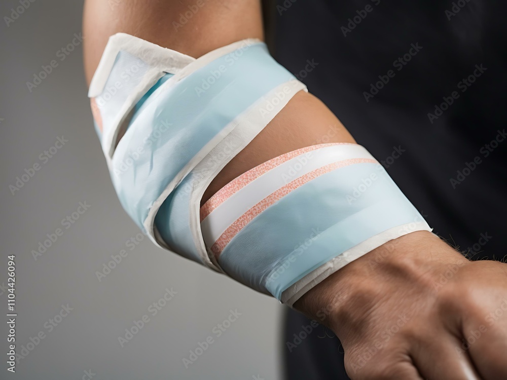 Close-up of elbow wrapped in KT therapeutic tape for pain relief. Close-up of elbow wrapped in KT therapeutic tape for pain relief.