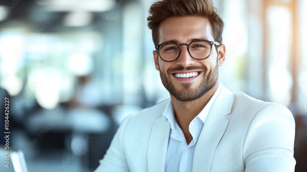 A man in a light colored suit with glasses is smiling brightly at a cafe during the afternoon A man in a light colored suit with glasses is smiling brightly at a cafe during the afternoon