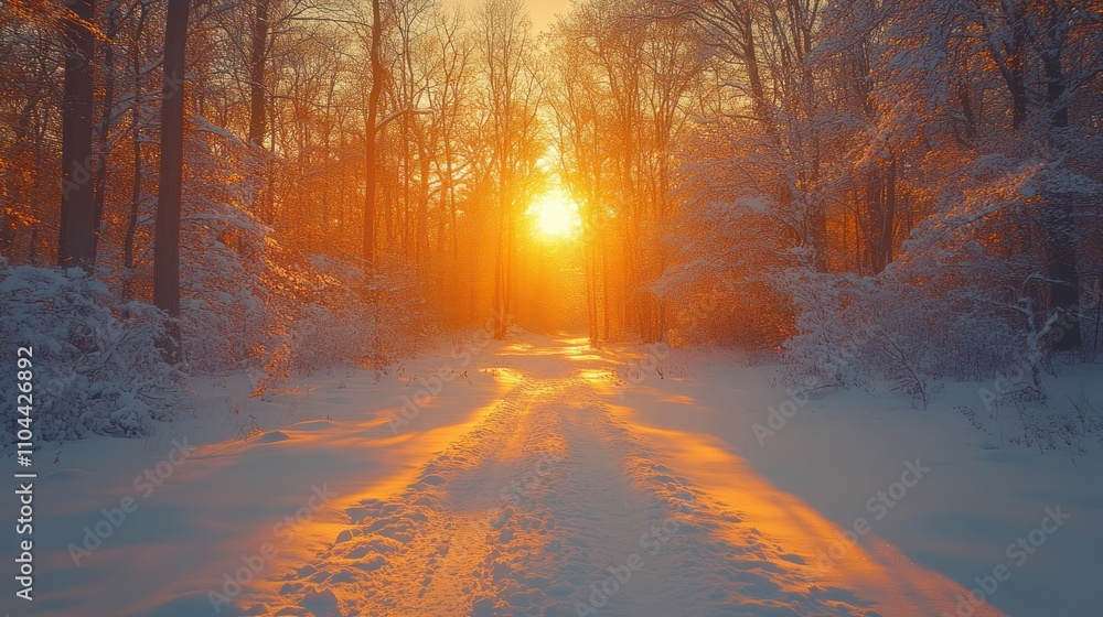 Magical sunset in a snow-covered forest path. Magical sunset in a snow-covered forest path.