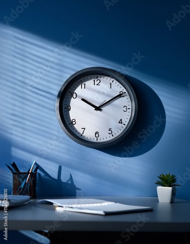 A wall clock showing 8:00 AM, with long shadows cast across an empty office desk. The atmosphere is dark and gloomy, creating a feeling of procrastination and heaviness on Blue Monday.