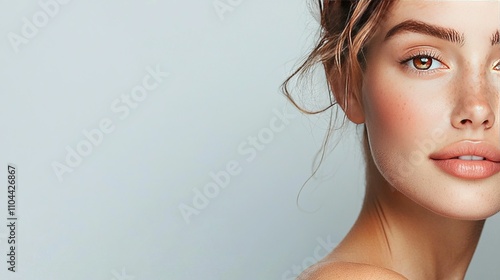   Close-up of a woman with hair blowing and light blue background © Olga
