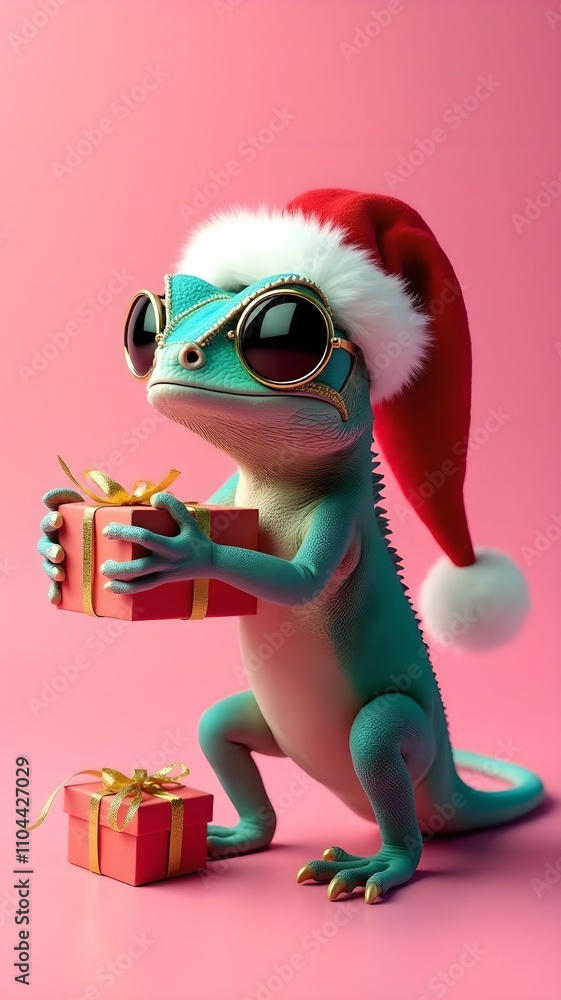 Happy New Year 2025 greeting card, cool chameleon reptile in Santa hat, sunglasses and gifts on pink background Happy New Year 2025 greeting card, cool chameleon reptile in Santa hat, sunglasses and gifts on pink background