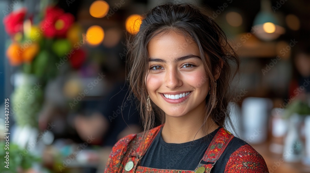 Young woman with a warm smile poses in a busy cafe decorated with flowers and cozy lighting