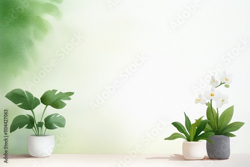 Minimalistic plant arrangement, green houseplants in white pots, soft gradient background, indoor nature scene, decorative plants, copy space for text, calm and serene design