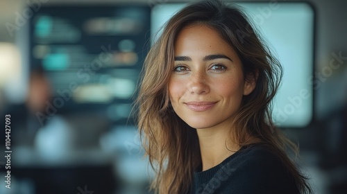 Wallpaper Mural A woman with long, wavy hair smiles at the camera while seated in a contemporary workspace Torontodigital.ca