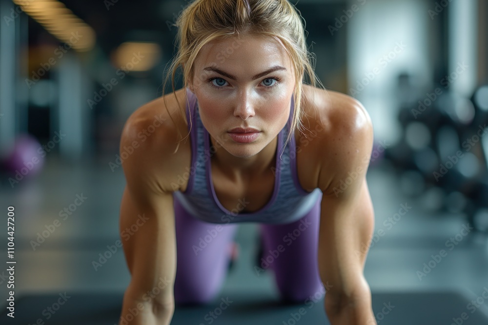 Woman performs an exercise on a mat in a well lit gym, concentrating on her workout routine Woman performs an exercise on a mat in a well lit gym, concentrating on her workout routine
