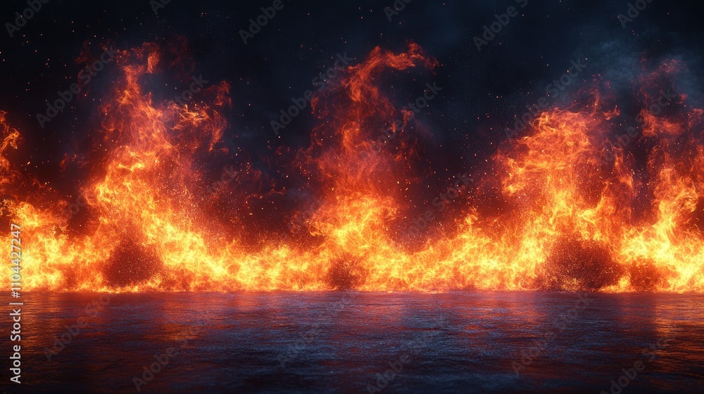 Fiery inferno wall reflecting on dark wet ground. Fiery inferno wall reflecting on dark wet ground.