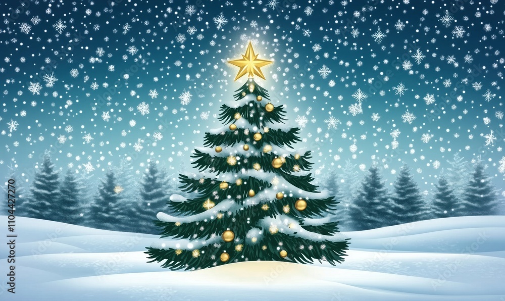 Christmas tree with golden star and ornaments, surrounded by snowflakes and winter landscape, festive atmosphere Christmas tree with golden star and ornaments, surrounded by snowflakes and winter landscape, festive atmosphere