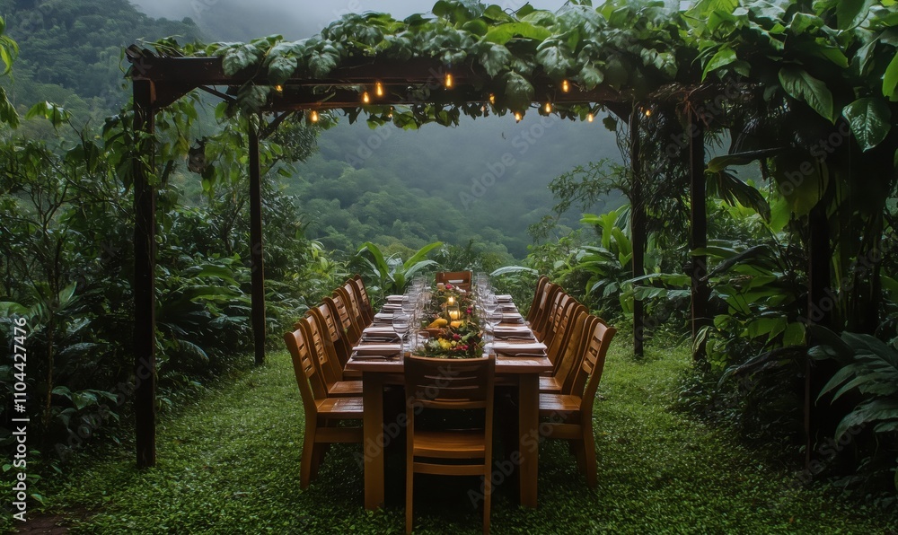 Outdoor dining setup surrounded by lush greenery, misty mountains in background, elegant table arrangement, warm lights Outdoor dining setup surrounded by lush greenery, misty mountains in background, elegant table arrangement, warm lights