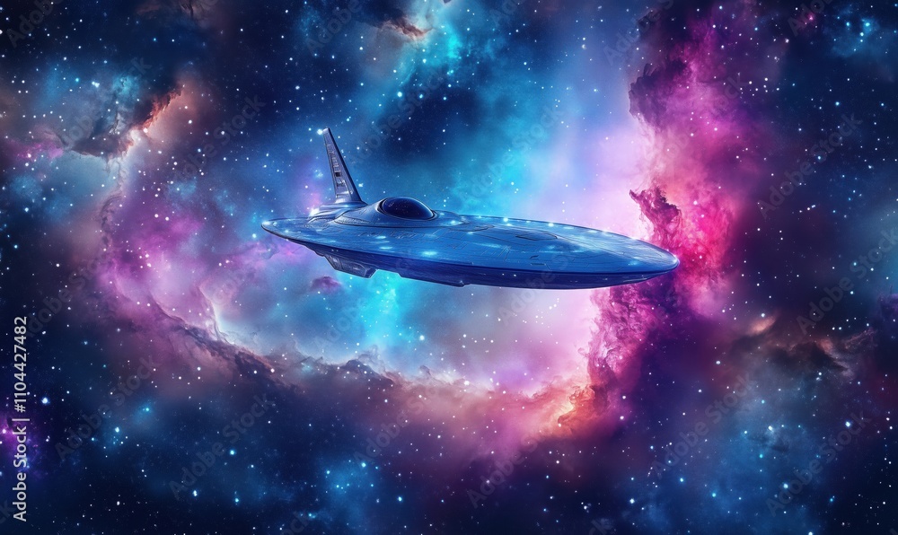 Futuristic spaceship in vibrant cosmic nebula, sleek design, glowing surface, surrounded by colorful stars and gas clouds Futuristic spaceship in vibrant cosmic nebula, sleek design, glowing surface, surrounded by colorful stars and gas clouds