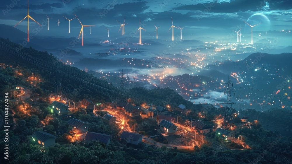 A breathtaking panoramic view of a vibrant glowing cityscape nestled between moonlit mountains with renewable wind turbines dotting the landscape and powering the illuminated urban center A breathtaking panoramic view of a vibrant glowing cityscape nestled between moonlit mountains with renewable wind turbines dotting the landscape and powering the illuminated urban center