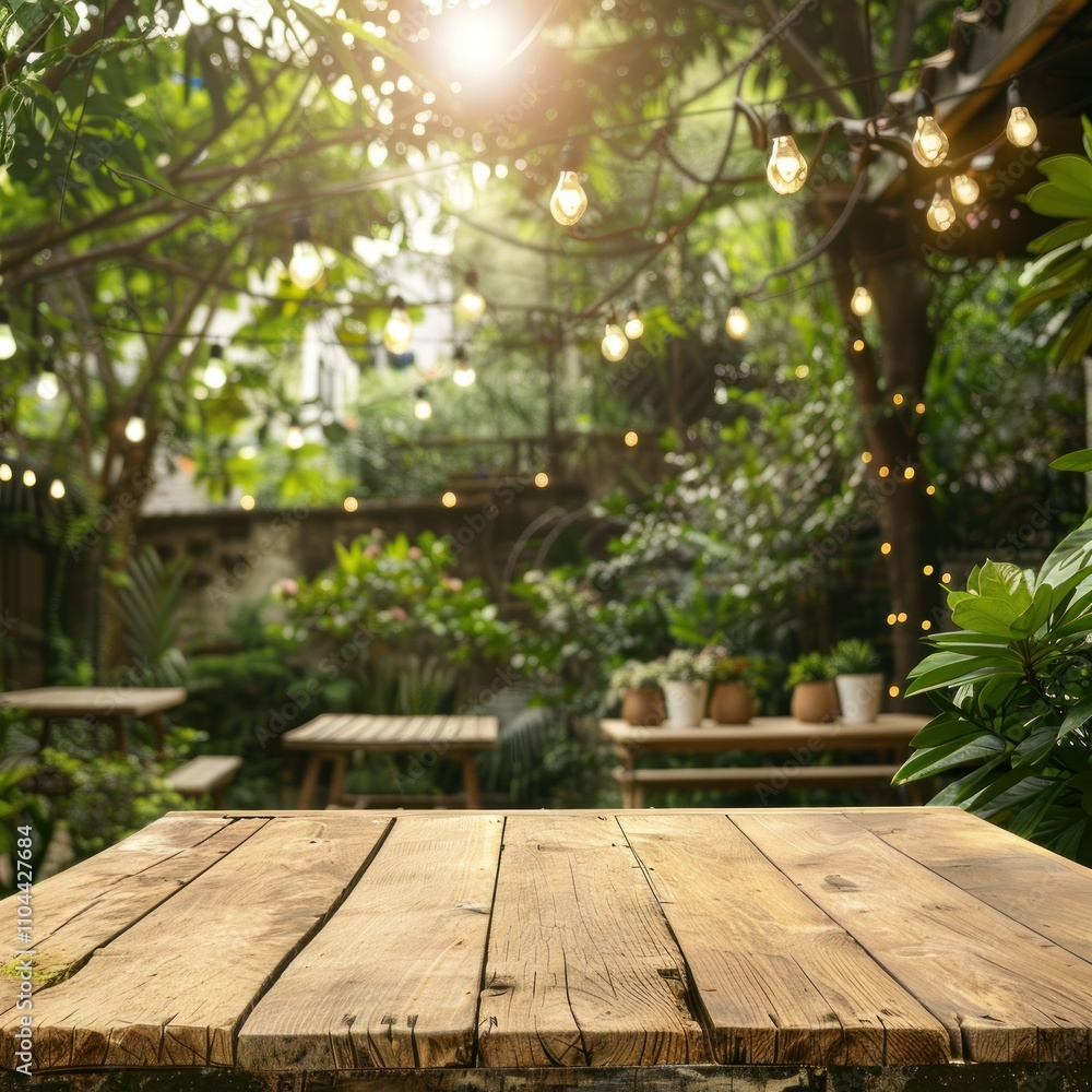 photograph of Empty wooden tabletop set in a lush home backyard garden, photograph of Empty wooden tabletop set in a lush home backyard garden,