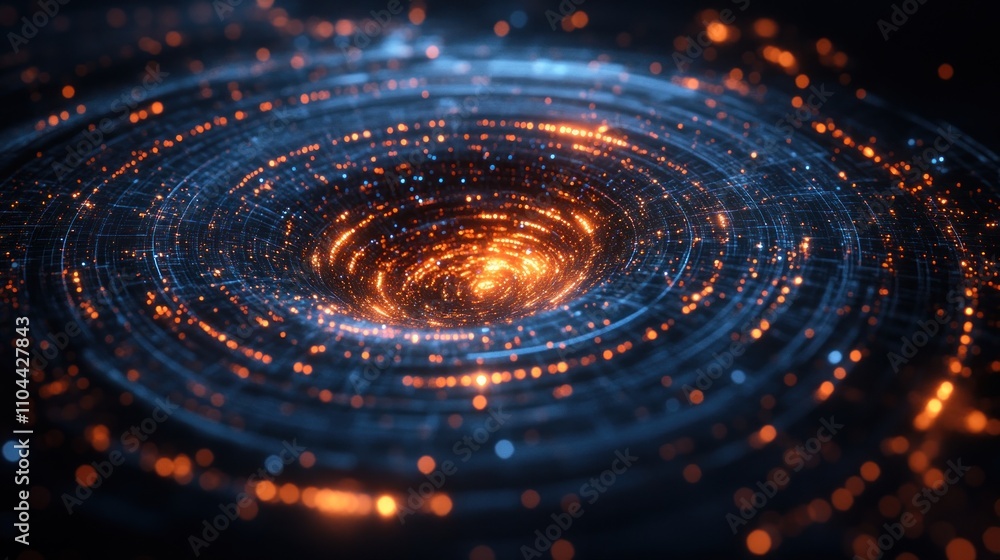Swirling galaxy features glowing particles in deep space, illustrating dynamic cosmic movement and energy Swirling galaxy features glowing particles in deep space, illustrating dynamic cosmic movement and energy