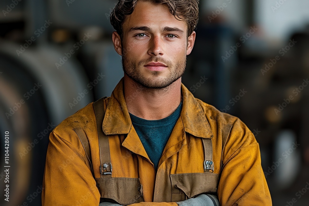 Skinny 30 year old man in workman\'s uniform poses confidently in metal ...