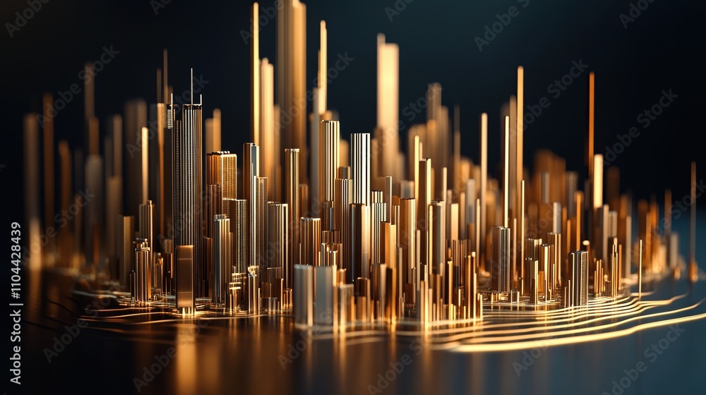 Urban cityscape of golden steel rods illuminated on a dark background showcasing modern architecture and artistic design Urban cityscape of golden steel rods illuminated on a dark background showcasing modern architecture and artistic design