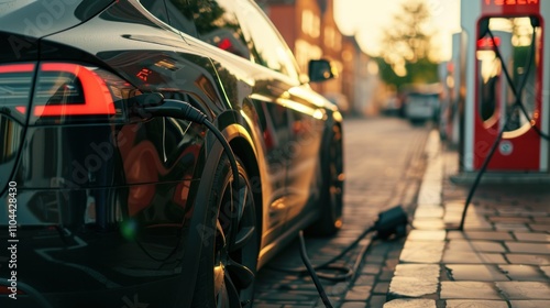 Wallpaper Mural photograph of EV car with Electric charging station charger background. Technology and transportation concept. telephoto lens Torontodigital.ca