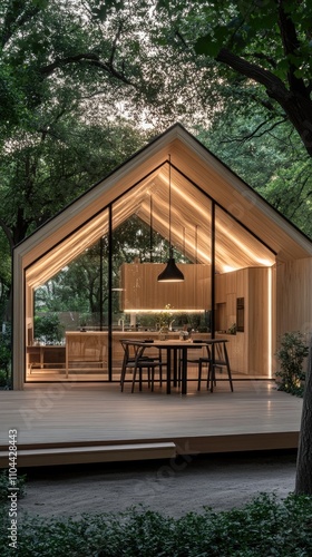 A small cabin with glass walls reveals a modern kitchen and dining area, illuminated by natural light at dusk in a Beijing hutong garden