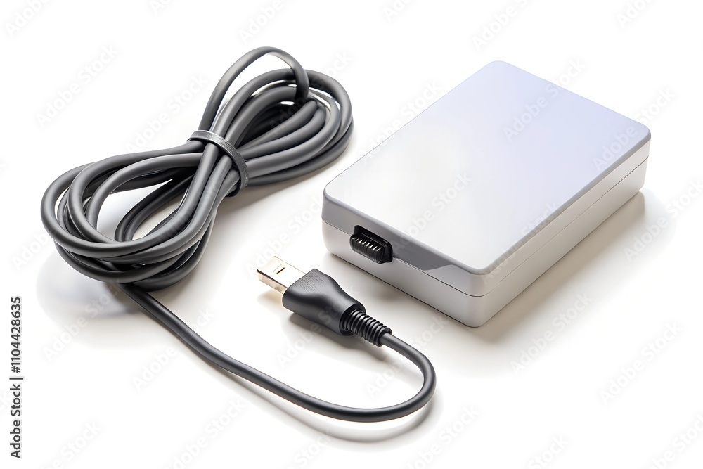 A modern laptop charger with a coiled cord and plug, placed on a white background. A modern laptop charger with a coiled cord and plug, placed on a white background.