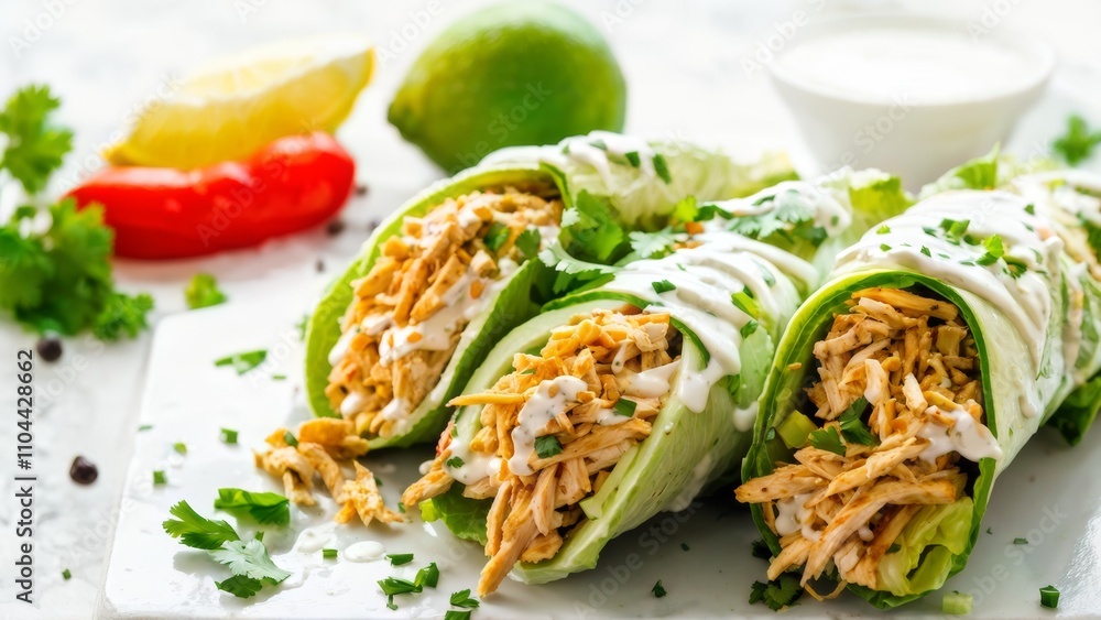 Lettuce stuffed with chopped chicken, lightly seasoned with salt and pepper, mixed with creamy yogurt, sprinkled with onion slices, fresh coriander, chopped avocado on top, sprinkled with lemon juice. Lettuce stuffed with chopped chicken, lightly seasoned with salt and pepper, mixed with creamy yogurt, sprinkled with onion slices, fresh coriander, chopped avocado on top, sprinkled with lemon juice.