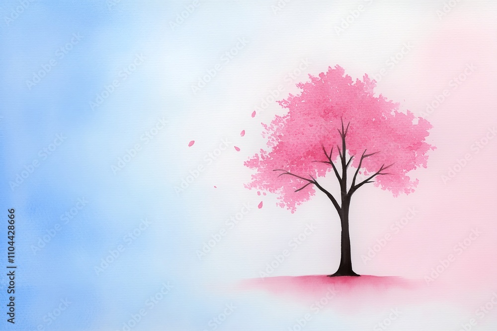 Obraz premium Pink tree illustration, minimalistic landscape, vibrant cherry blossom tree, soft gradient background, falling petals, artistic nature design, copy space for text, serene spring theme