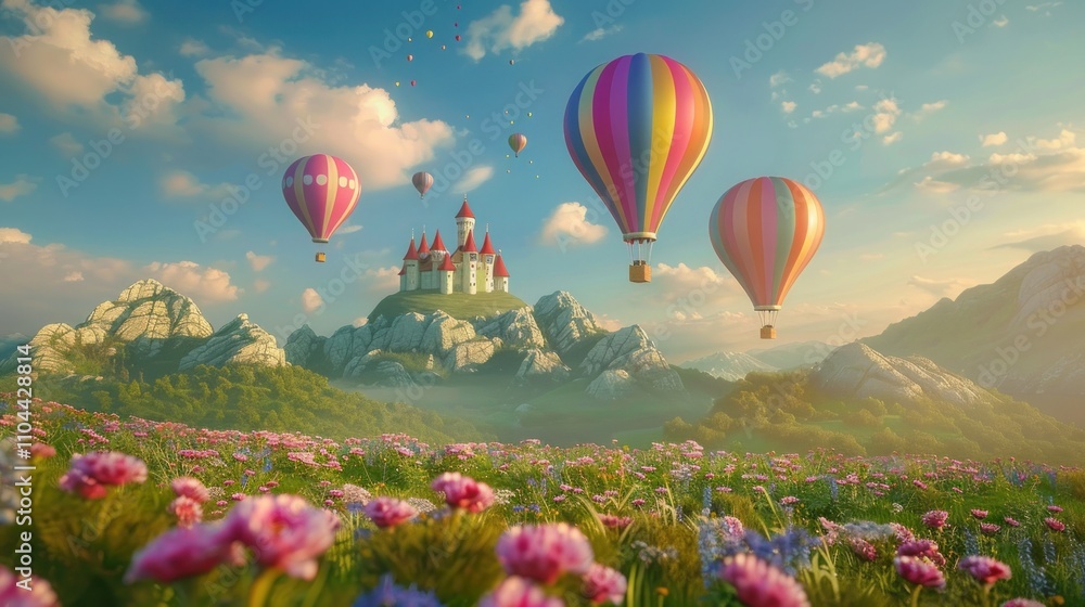 Naklejka premium photograph of Fantasy landscape with fairy tale castle, balloons and flowers ,3D rendering,Hot air balloon flying over beautiful landscape, 3d render illustration,Hot air balloons flying in sky