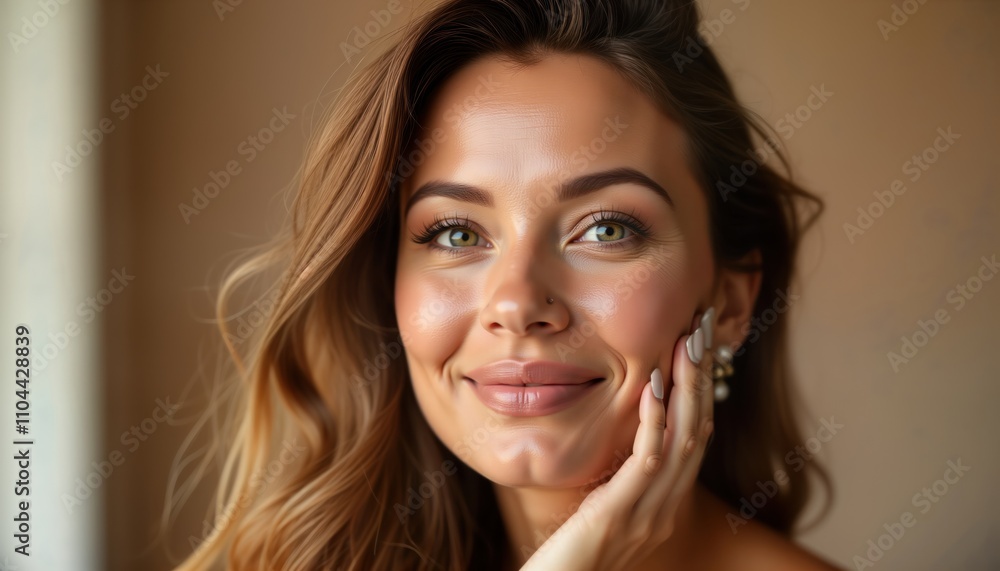 Woman with glowing skin, elegant makeup. Radiant expression on neutral background. Beauty, skincare concept. Studio photo for beauty products fashion magazines. Skincare model looks happy, relaxed. Woman with glowing skin, elegant makeup. Radiant expression on neutral background. Beauty, skincare concept. Studio photo for beauty products fashion magazines. Skincare model looks happy, relaxed.