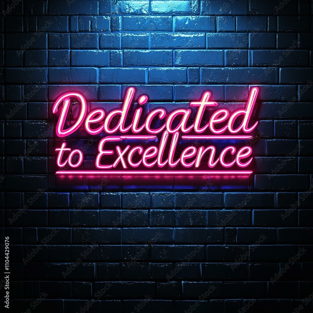 A 'Dedicated to Excellence' neon sign against a black brick wall A 'Dedicated to Excellence' neon sign against a black brick wall
