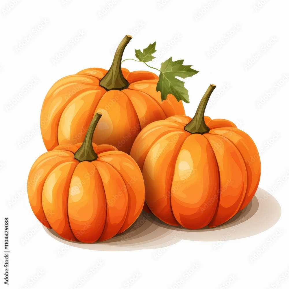 Three bright orange pumpkins with varying sizes and a green leaf, perfect for autumn decor. Three bright orange pumpkins with varying sizes and a green leaf, perfect for autumn decor.