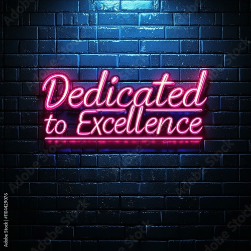 A 'Dedicated to Excellence' neon sign against a black brick wall photo