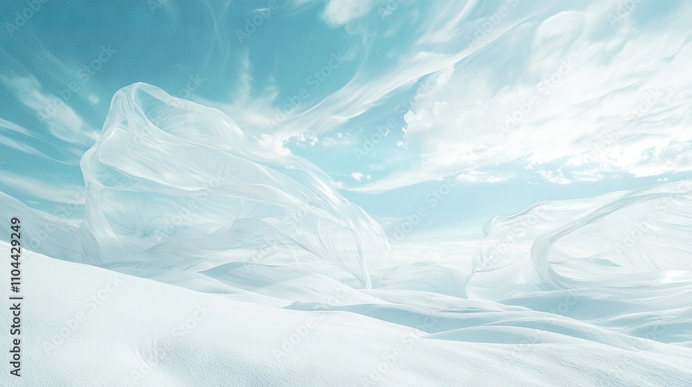 Obraz premium Snowboarder descending snow-covered slope beneath azure sky and wispy clouds
