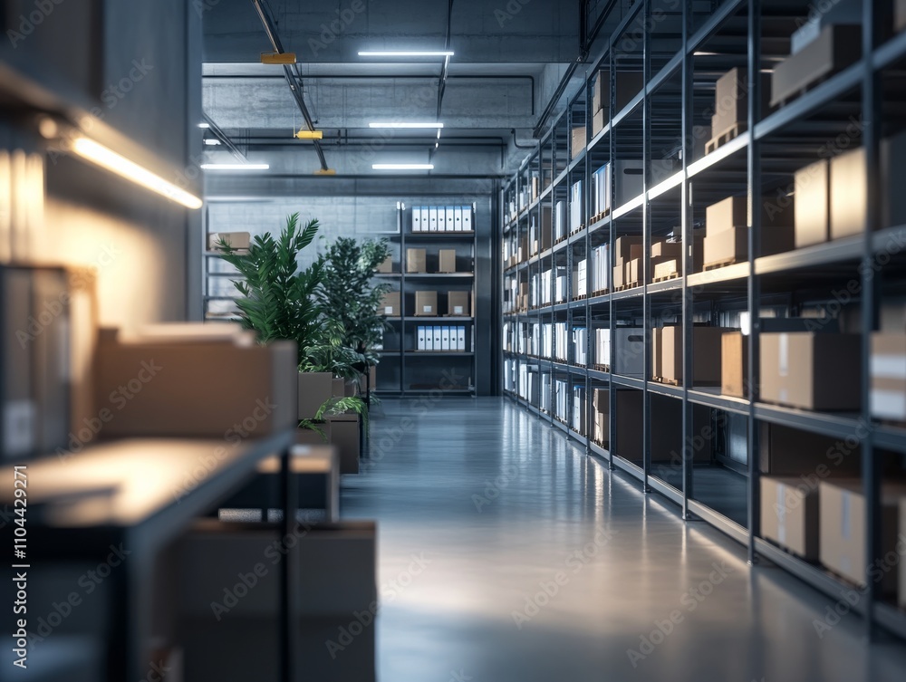 The archive room showcases orderly shelves filled with neatly arranged boxes and files, enhanced by green plants and a sleek desk, highlighting an organized workspace The archive room showcases orderly shelves filled with neatly arranged boxes and files, enhanced by green plants and a sleek desk, highlighting an organized workspace