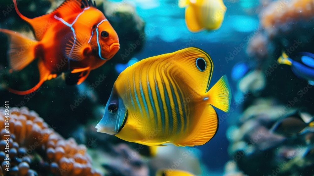 photograph of fishes close-up in tropical sea underwater multicolored on coral reef, aquarium oceanarium, wildlife, marine snorkel diving wide angle lens photograph of fishes close-up in tropical sea underwater multicolored on coral reef, aquarium oceanarium, wildlife, marine snorkel diving wide angle lens