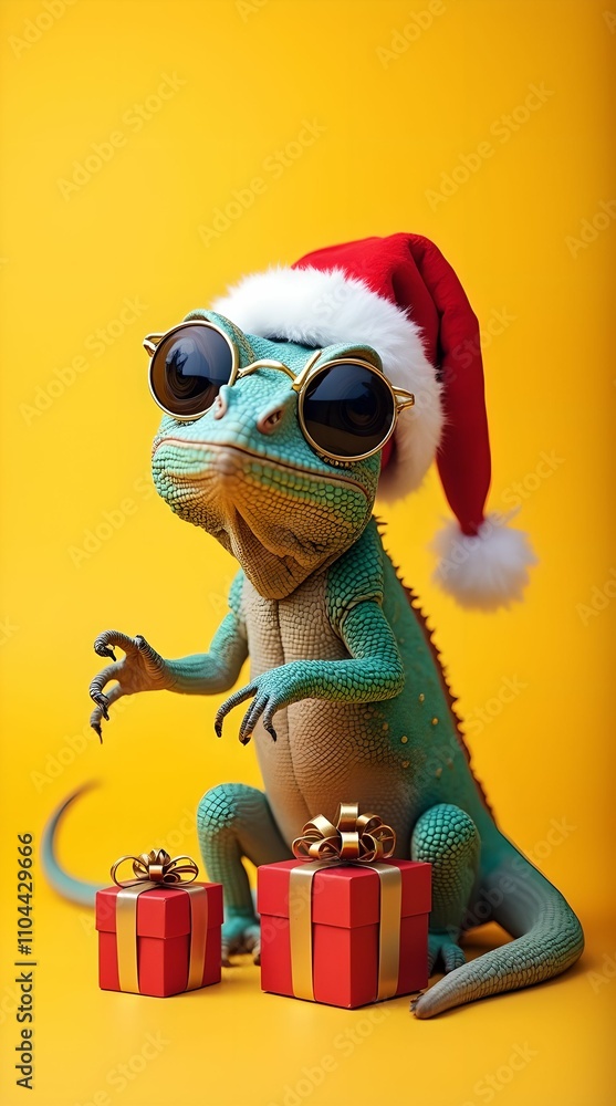 Happy New Year 2025 greeting card, cool chameleon reptile in Santa hat, sunglasses and gifts on yellow background Happy New Year 2025 greeting card, cool chameleon reptile in Santa hat, sunglasses and gifts on yellow background