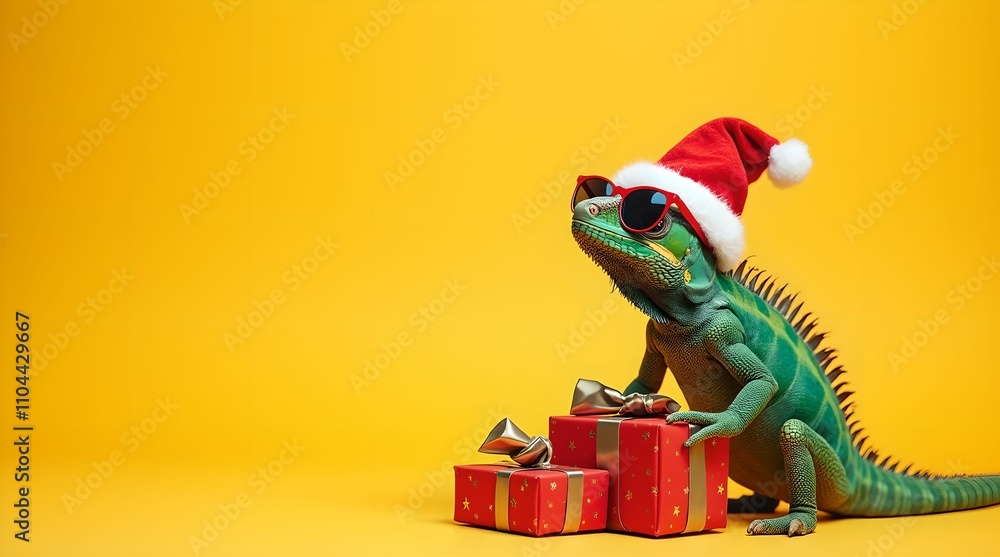 Naklejka premium Happy New Year 2025 greeting card, cool chameleon reptile in Santa hat, sunglasses and gifts on yellow background