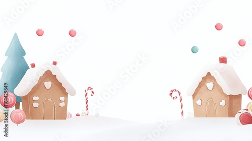 Whimsical gingerbread village, snowy candy houses with lollipop decorations, minimalistic winter scene, fantasy landscape, pastel holiday setting, copy space for text

 photo