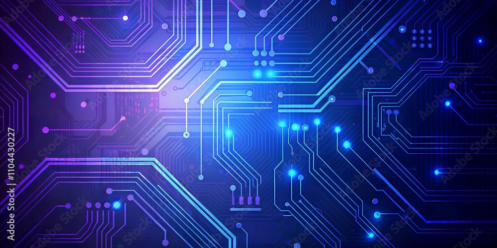 Obraz premium A futuristic digital circuit board with glowing blue and purple neon lights, representing technology and innovation.