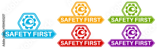 Set Labels safety first phone sign flat design. safety protection symbol sticker vector illustration	
