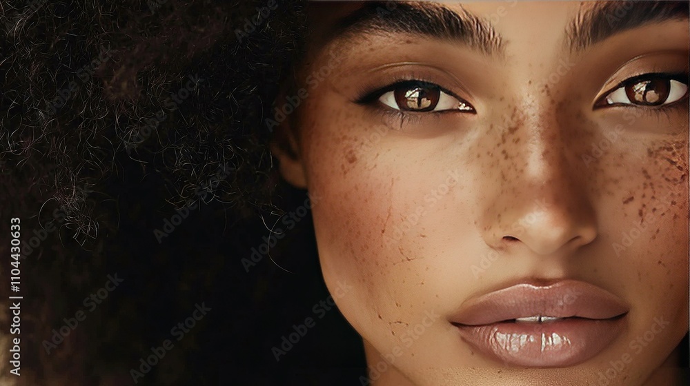   A close-up of a woman's face with freckles on her cheeks and eyes
