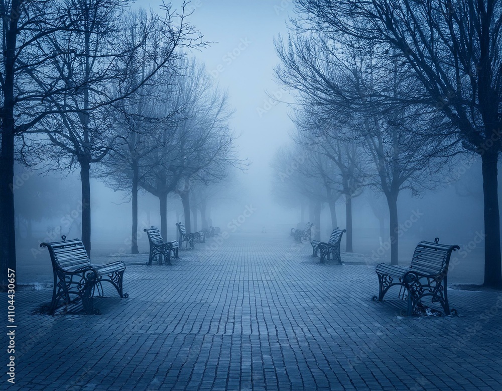 A solitary park with leafless trees and empty benches, wrapped in thick fog. The landscape is tinted with blue and gray tones, with a feeling of desolation and stillness, reflecting the sadness of Blu