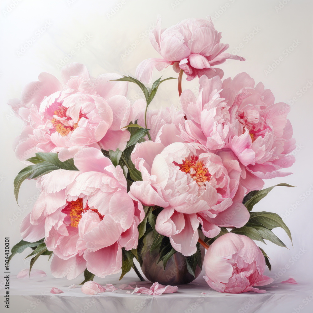 lush bouquet of pink peonies in a vase. The flowers are rich and pale shades of pink with bright orange centers. lush bouquet of pink peonies in a vase. The flowers are rich and pale shades of pink with bright orange centers.