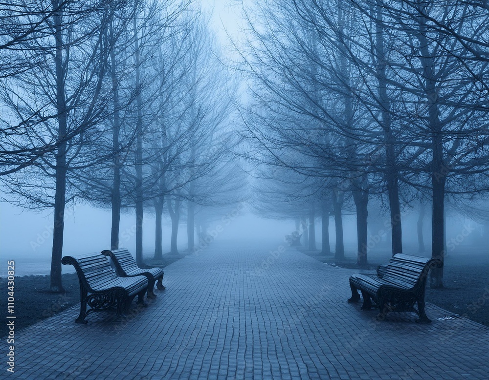 A solitary park with leafless trees and empty benches, wrapped in thick fog. The landscape is tinted with blue and gray tones, with a feeling of desolation and stillness, reflecting the sadness of Blu