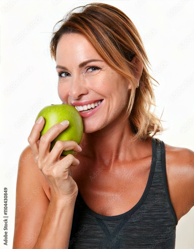 mature woman aged 40 fit and active, healthy eating an apple mature woman aged 40 fit and active, healthy eating an apple