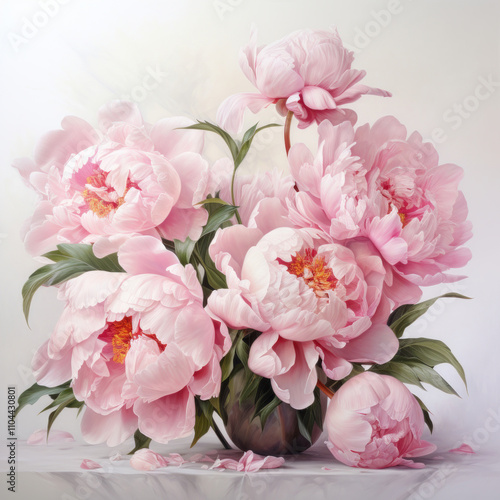 lush bouquet of pink peonies in a vase. The flowers are rich and pale shades of pink with bright orange centers.  