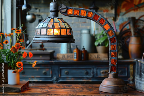 colorful mosaic lantern placed on a wooden surface photo