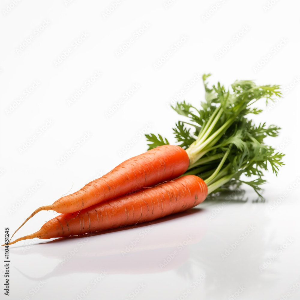 A carrot is displayed with its green top still attached. Isolated on solid background. A carrot is displayed with its green top still attached. Isolated on solid background.