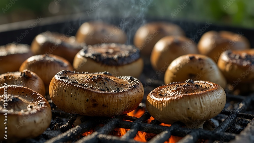 Close-up of mushrooms being roasted on a grill. Close-up of mushrooms being roasted on a grill.