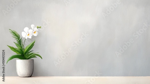 Elegant white orchid plant in ceramic pot, minimalistic interior decor, soft light gray background, stylish floral design, serene and calming indoor arrangement with copy space