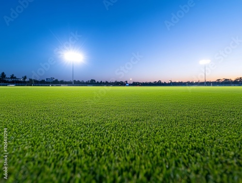 The cricket pitch glows under bright floodlights on a clear night, emphasizing the vibrant green grass and pristine playing field. The scene invites excitement and activity photo