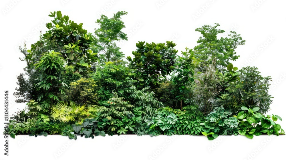 photograph of Forest leaves with trees bushes and shrubs Isolated on white background with cut path, cutout. wide angle lens photograph of Forest leaves with trees bushes and shrubs Isolated on white background with cut path, cutout. wide angle lens